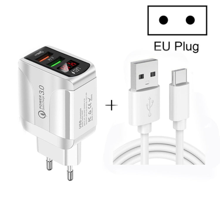 Chargeur rapide QC3.0 USB + USB 2.0 avec affichage numérique LED et câble de données USB vers Type-C, prise EU, prise EU + câble Type-C