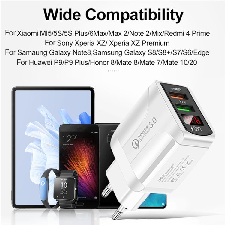 Chargeur rapide QC3.0 USB + USB 2.0 avec affichage numérique LED et câble de données USB vers Type-C, prise EU, prise EU + câble Type-C