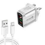 Chargeur rapide QC3.0 USB + USB 2.0 avec affichage numérique LED et câble de données USB vers Type-C, prise UK, prise UK + câble Type-C