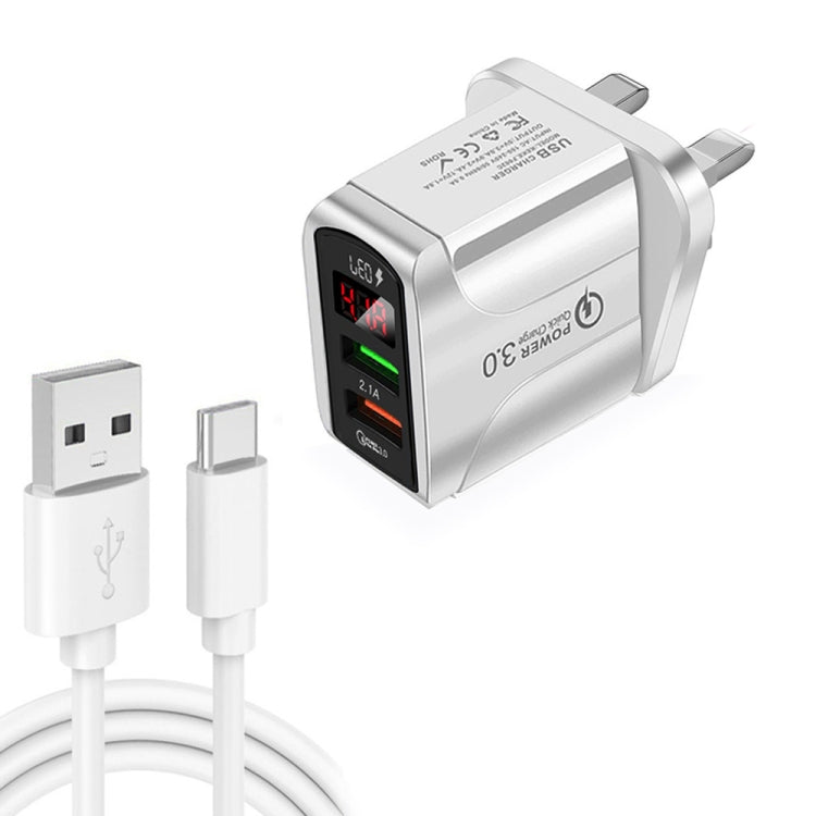 Chargeur rapide QC3.0 USB + USB 2.0 avec affichage numérique LED et câble de données USB vers Type-C, prise UK, prise UK + câble Type-C