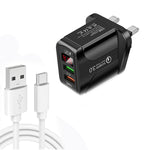 Chargeur rapide QC3.0 USB + USB 2.0 avec affichage numérique LED et câble de données USB vers Type-C, prise UK, prise UK + câble Type-C