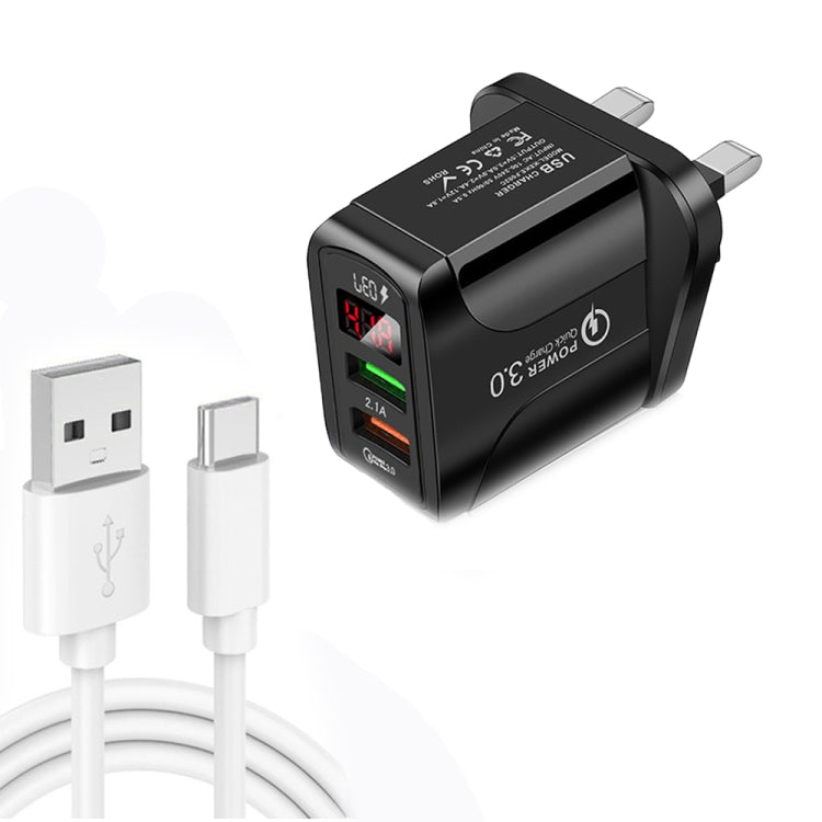Chargeur rapide QC3.0 USB + USB 2.0 avec affichage numérique LED et câble de données USB vers Type-C, prise UK, prise UK + câble Type-C