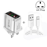 Chargeur rapide QC3.0 USB + USB 2.0 avec affichage numérique LED et câble de données USB vers Type-C, prise UK, prise UK + câble Type-C