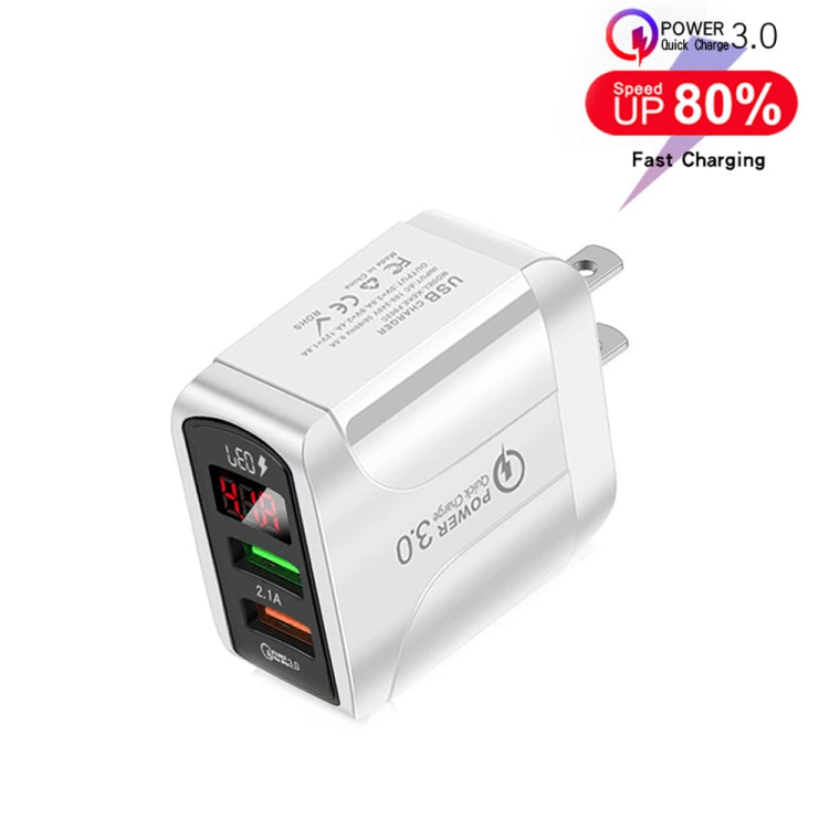 F002C Chargeur rapide QC3.0 USB + USB 2.0 avec affichage numérique LED et câble de données USB vers 8 broches, prise US, prise US + câble 8 broches