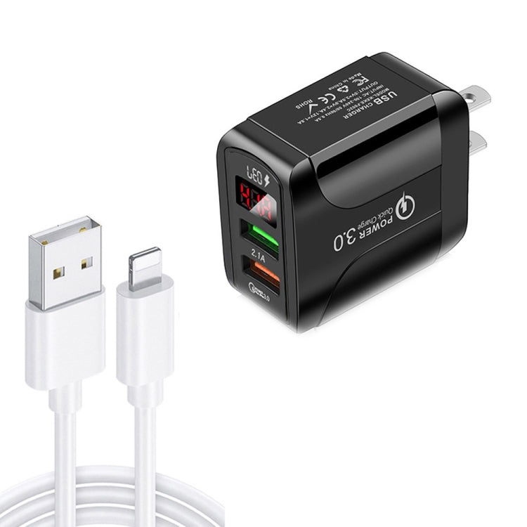 F002C Chargeur rapide QC3.0 USB + USB 2.0 avec affichage numérique LED et câble de données USB vers 8 broches, prise US, prise US + câble 8 broches