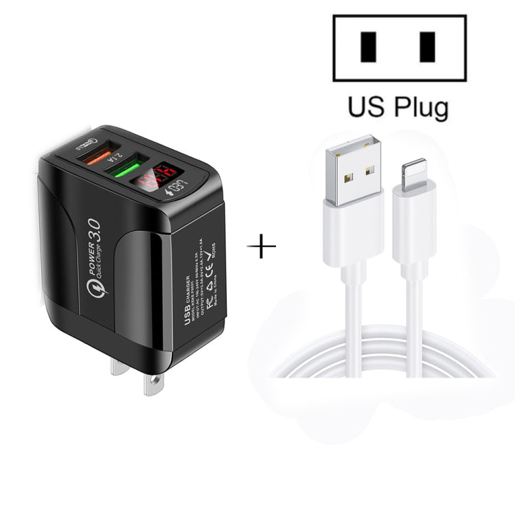 F002C Chargeur rapide QC3.0 USB + USB 2.0 avec affichage numérique LED et câble de données USB vers 8 broches, prise US, prise US + câble 8 broches