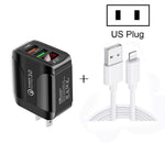 F002C Chargeur rapide QC3.0 USB + USB 2.0 avec affichage numérique LED et câble de données USB vers 8 broches, prise US, prise US + câble 8 broches