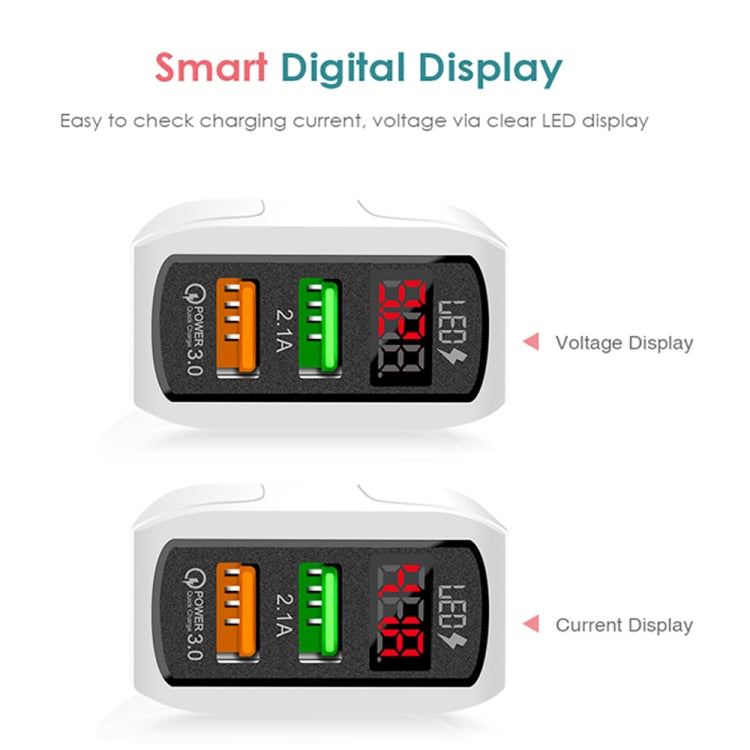 F002C Chargeur rapide QC3.0 USB + USB 2.0 avec affichage numérique LED et câble de données USB vers 8 broches, prise US, prise US + câble 8 broches