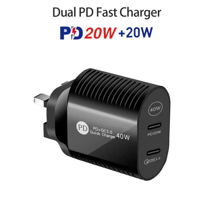 Chargeur rapide double port 40W PD / Type-C pour séries iPhone / iPad, prise UK, prise UK