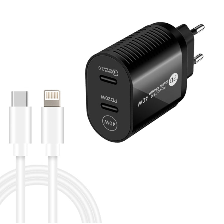 Chargeur rapide double port 40W PD / Type-C avec câble de données Type-C vers 8 broches, prise EU, prise EU + câble Type-C vers 8 broches