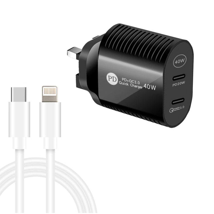 Chargeur rapide double port 40W PD / Type-C avec câble de données Type-C vers 8 broches, prise UK, prise UK + câble Type-C vers 8 broches