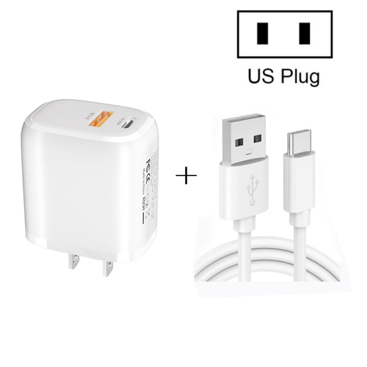 Chargeur rapide portable mini CS-20W PD3.0 + QC3.0 double port avec câble USB 3A vers Type-C, chargeur + câble USB vers Type-C