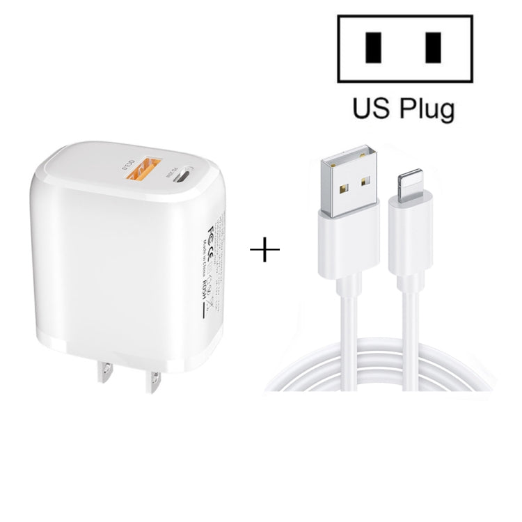 CS-20W Chargeur rapide portable mini à double port PD3.0 + QC3.0 avec câble de données USB 3A vers 8 broches, chargeur + câble USB vers 8 broches