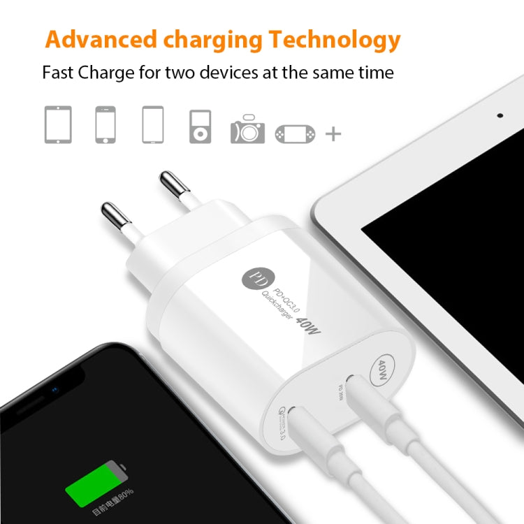 002 Chargeur rapide double port 40W PD / Type-C pour séries iPhone / iPad, prise EU, prise EU