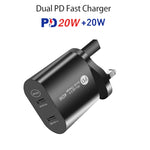 002 Chargeur rapide double port 40W PD USB-C / Type-C pour séries iPhone / iPad, prise UK, prise UK