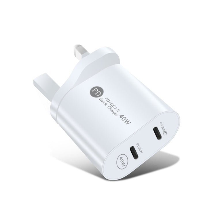 002 Chargeur rapide double port 40W PD USB-C / Type-C pour séries iPhone / iPad, prise UK, prise UK