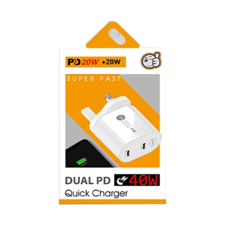 002 Chargeur rapide double port 40W PD USB-C / Type-C pour séries iPhone / iPad, prise UK, prise UK