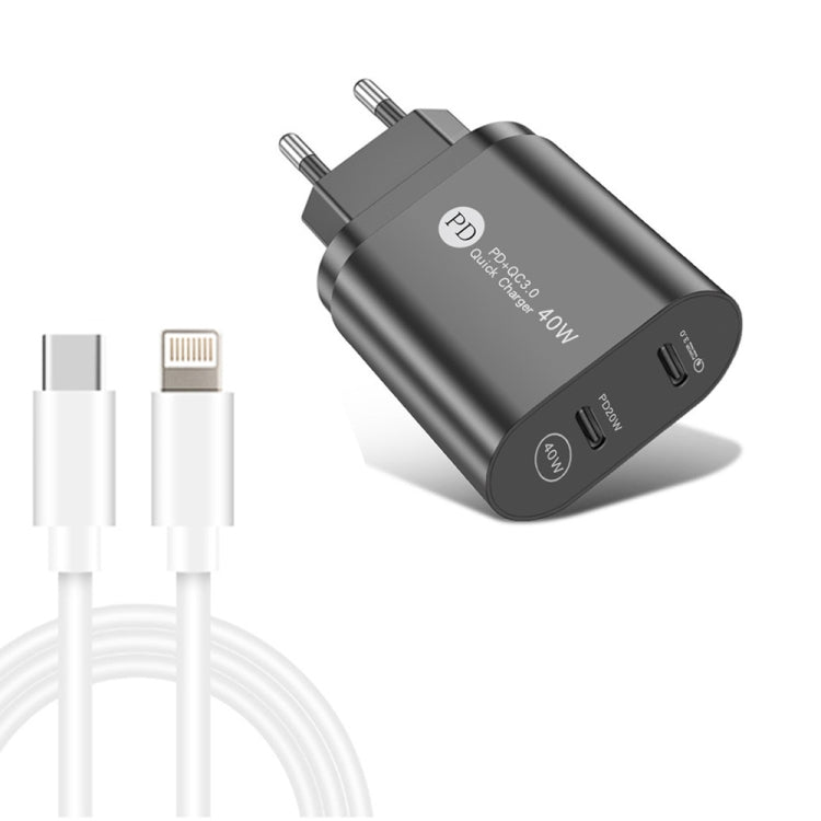 002 Chargeur rapide double port 40W PD / Type-C avec câble de données USB-C vers 8 broches, prise EU, prise EU + câble Type-C vers 8 broches