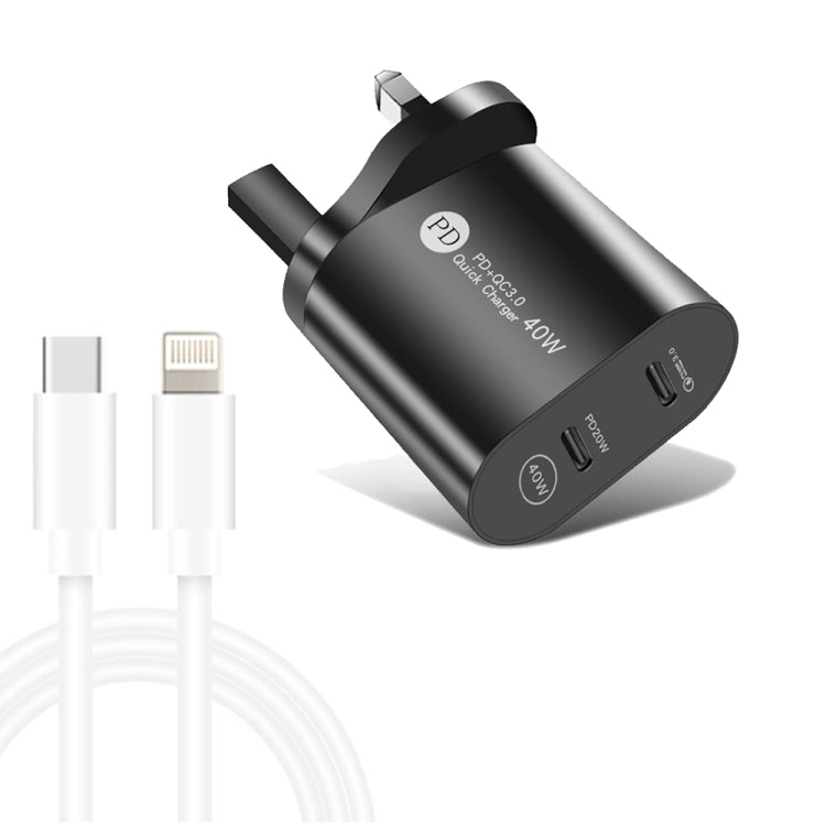 002 Chargeur rapide double port 40W PD / Type-C avec câble de données USB-C vers 8 broches, prise UK, prise UK + câble Type-C vers 8 broches