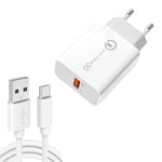 Chargeur USB APD-2003 18W QC3.0 à port unique avec câble de données USB vers Type-C de 1m, prise UE + câble USB vers Type-C, prise US + câble USB vers Type-C