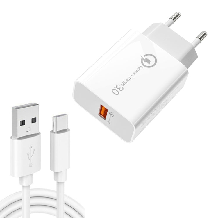 Chargeur USB APD-2003 18W QC3.0 à port unique avec câble de données USB vers Type-C de 1m, prise UE + câble USB vers Type-C, prise US + câble USB vers Type-C