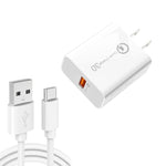 Chargeur USB APD-2003 18W QC3.0 à port unique avec câble de données USB vers Type-C de 1m, prise UE + câble USB vers Type-C, prise US + câble USB vers Type-C