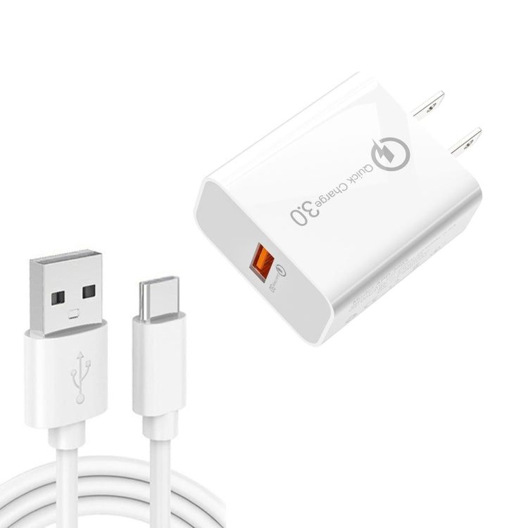 Chargeur USB APD-2003 18W QC3.0 à port unique avec câble de données USB vers Type-C de 1m, prise UE + câble USB vers Type-C, prise US + câble USB vers Type-C