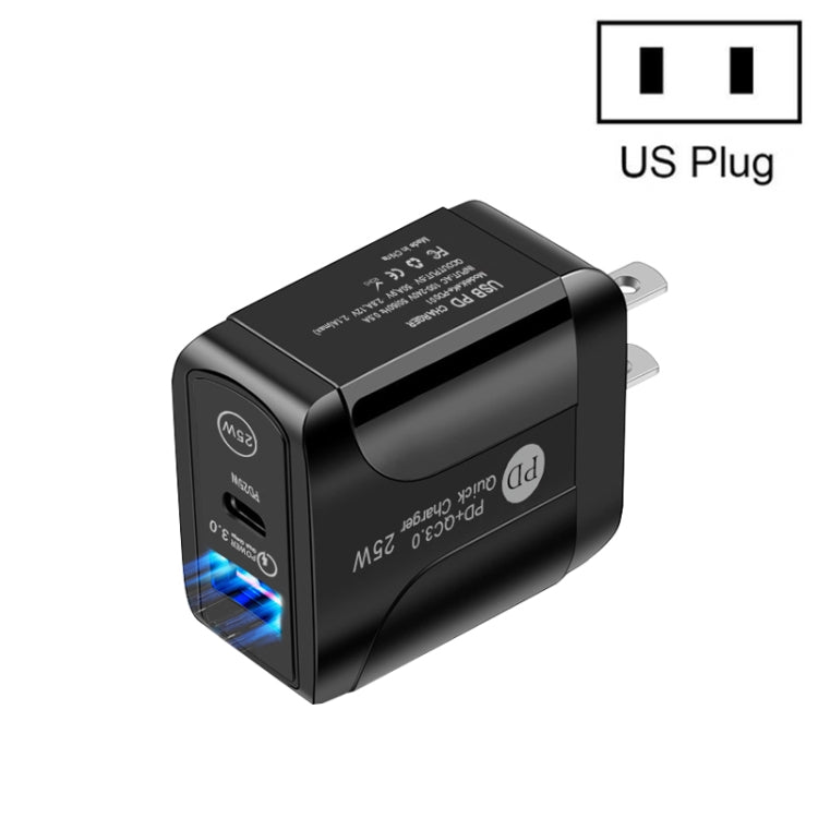 Chargeur rapide à double port PD25W USB-C / Type-C + QC3.0 USB, prise US, prise US
