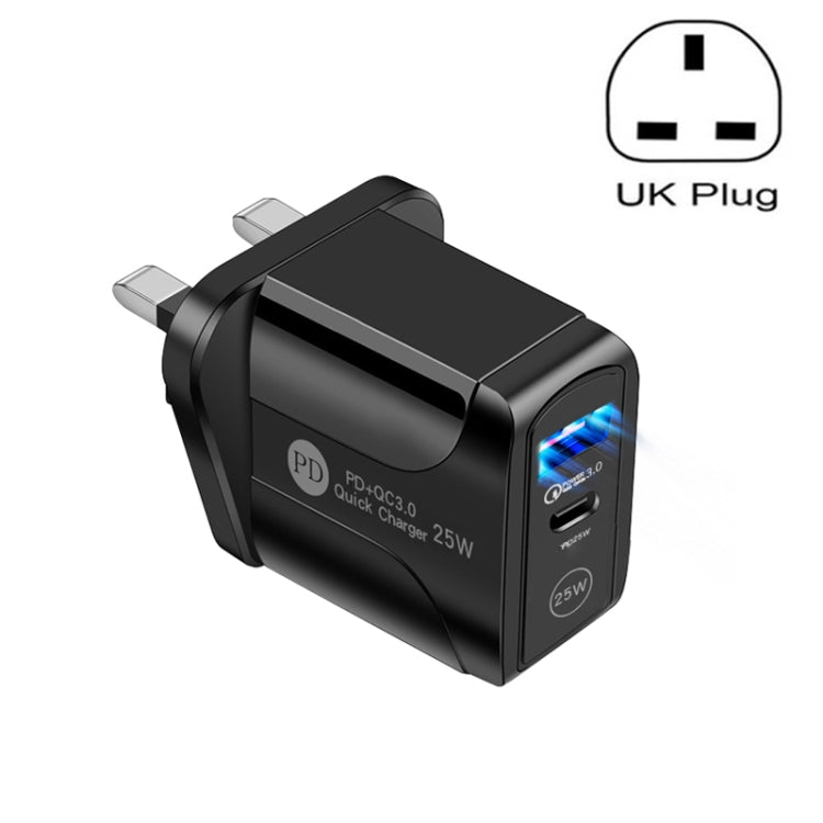 Chargeur rapide à double port PD25W USB-C / Type-C + QC3.0 USB, prise UK, prise UK