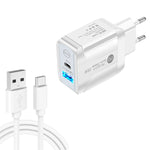 Chargeur rapide double port USB PD25W USB-C / Type-C + QC3.0 avec câble de données USB vers Type-C, prise UE, prise UE + câble USB vers Type-C