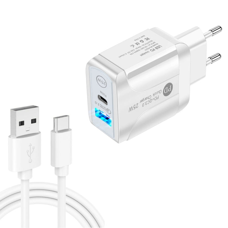 Chargeur rapide double port USB PD25W USB-C / Type-C + QC3.0 avec câble de données USB vers Type-C, prise UE, prise UE + câble USB vers Type-C