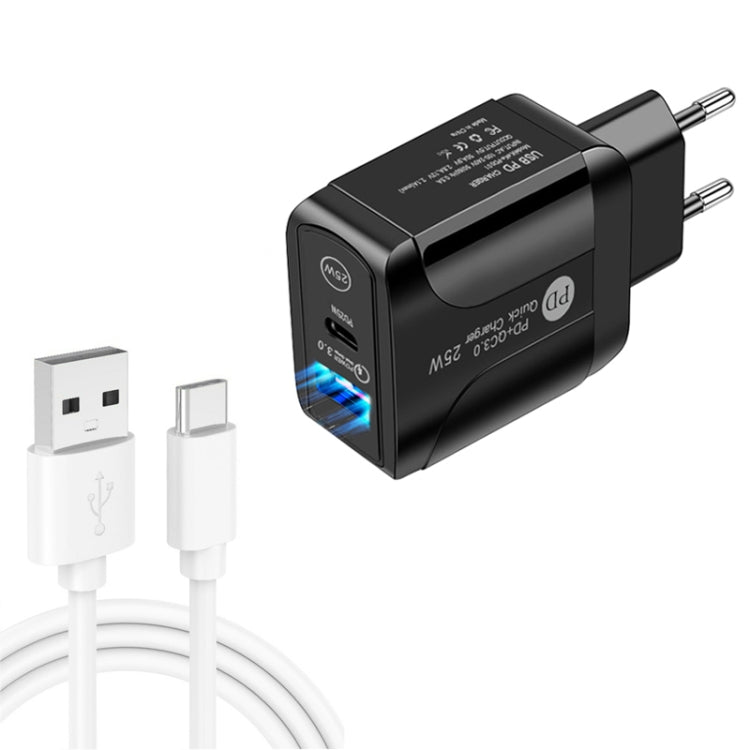 Chargeur rapide double port USB PD25W USB-C / Type-C + QC3.0 avec câble de données USB vers Type-C, prise UE, prise UE + câble USB vers Type-C