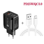 Chargeur rapide double port USB PD25W USB-C / Type-C + QC3.0 avec câble de données USB vers Type-C, prise UE, prise UE + câble USB vers Type-C