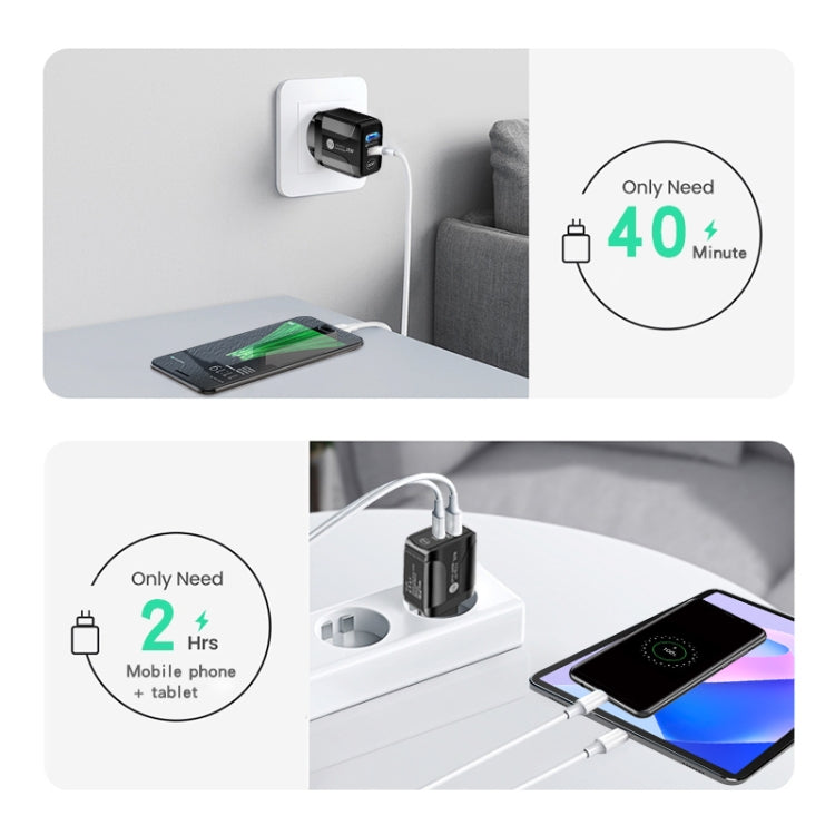 Chargeur rapide double port USB PD25W USB-C / Type-C + QC3.0 avec câble de données USB vers Type-C, prise UE, prise UE + câble USB vers Type-C