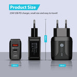 Chargeur rapide double port USB PD25W USB-C / Type-C + QC3.0 avec câble de données USB vers Type-C, prise UE, prise UE + câble USB vers Type-C