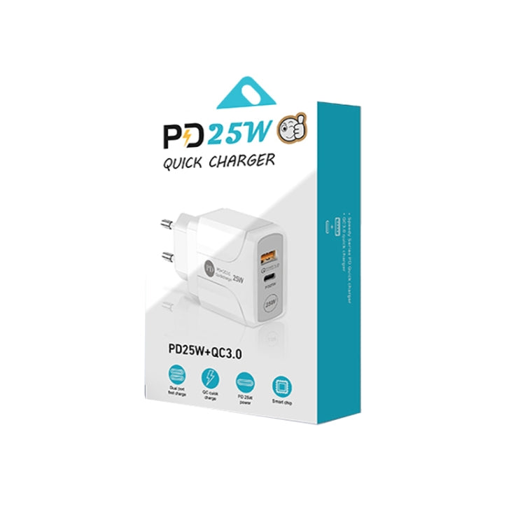 Chargeur rapide double port USB PD25W USB-C / Type-C + QC3.0 avec câble de données USB vers Type-C, prise UE, prise UE + câble USB vers Type-C
