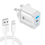 Chargeur rapide double port PD25W USB-C / Type-C + QC3.0 USB avec câble de données USB vers Type-C, prise britannique, prise britannique + câble USB vers Type-C