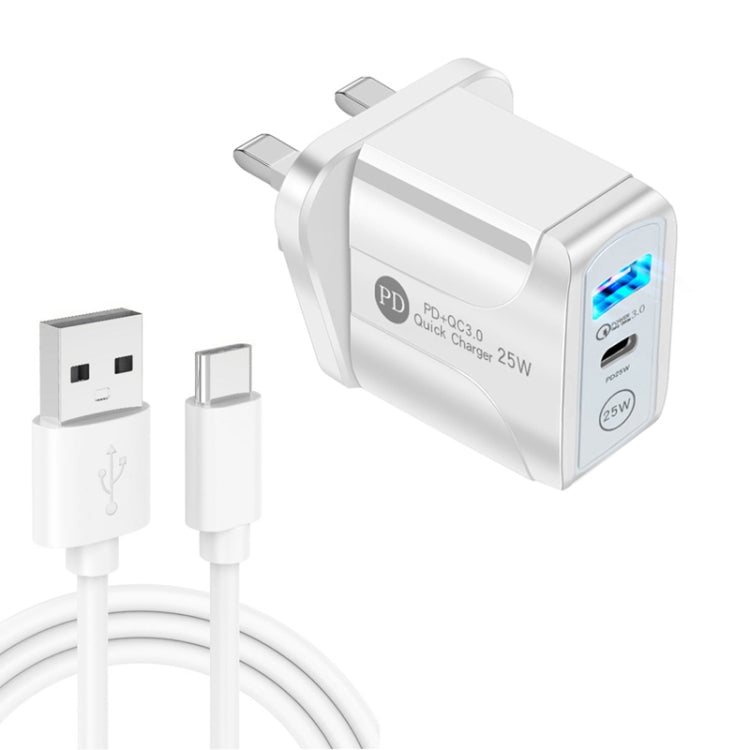 Chargeur rapide double port PD25W USB-C / Type-C + QC3.0 USB avec câble de données USB vers Type-C, prise britannique, prise britannique + câble USB vers Type-C