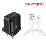 Chargeur rapide double port PD25W USB-C / Type-C + QC3.0 USB avec câble de données USB vers Type-C, prise britannique, prise britannique + câble USB vers Type-C