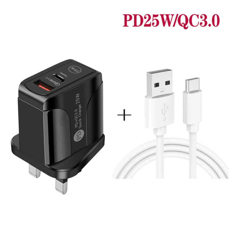 Chargeur rapide double port PD25W USB-C / Type-C + QC3.0 USB avec câble de données USB vers Type-C, prise britannique, prise britannique + câble USB vers Type-C