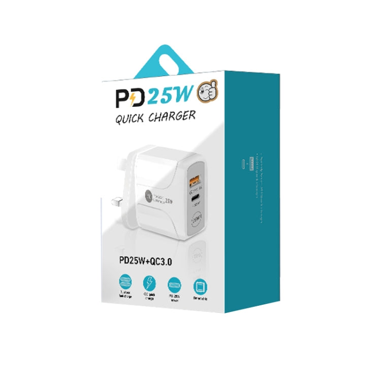Chargeur rapide double port PD25W USB-C / Type-C + QC3.0 USB avec câble de données USB vers Type-C, prise britannique, prise britannique + câble USB vers Type-C