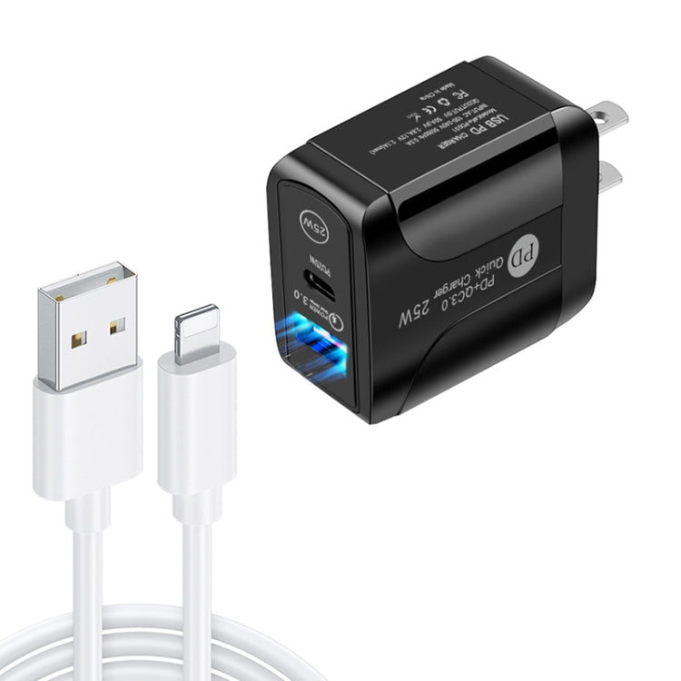 Chargeur rapide à double port PD25W USB-C / Type-C + QC3.0 USB avec câble de données USB vers 8 broches, prise US, prise US + câble USB vers 8 broches