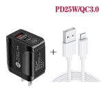 Chargeur rapide à double port PD25W USB-C / Type-C + QC3.0 USB avec câble de données USB vers 8 broches, prise US, prise US + câble USB vers 8 broches
