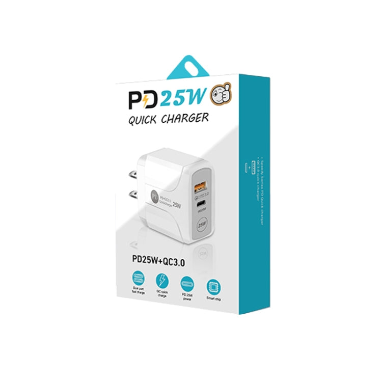Chargeur rapide à double port PD25W USB-C / Type-C + QC3.0 USB avec câble de données USB vers 8 broches, prise US, prise US + câble USB vers 8 broches