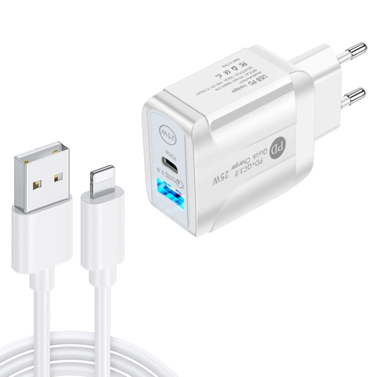 Chargeur rapide à double port PD25W USB-C / Type-C + QC3.0 USB avec câble de données USB vers 8 broches, prise EU, prise EU + câble USB vers 8 broches