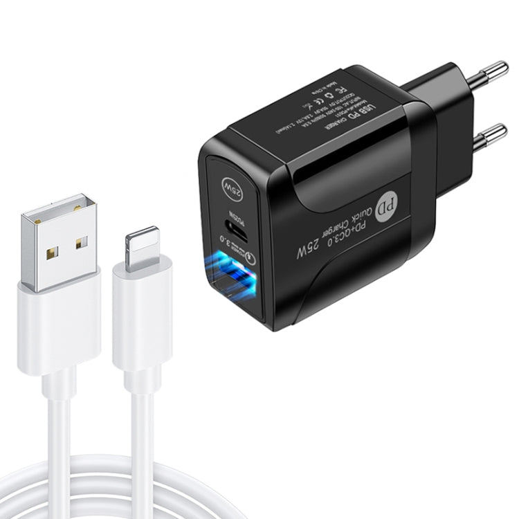 Chargeur rapide à double port PD25W USB-C / Type-C + QC3.0 USB avec câble de données USB vers 8 broches, prise EU, prise EU + câble USB vers 8 broches