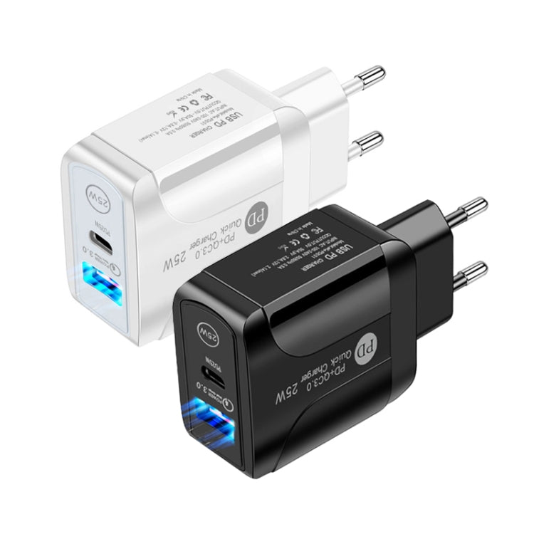 Chargeur rapide à double port PD25W USB-C / Type-C + QC3.0 USB avec câble de données USB vers 8 broches, prise EU, prise EU + câble USB vers 8 broches