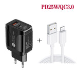 Chargeur rapide à double port PD25W USB-C / Type-C + QC3.0 USB avec câble de données USB vers 8 broches, prise EU, prise EU + câble USB vers 8 broches