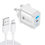 Chargeur rapide à double port PD25W USB-C / Type-C + QC3.0 USB avec câble de données USB vers 8 broches, prise UK, prise UK + câble USB vers 8 broches