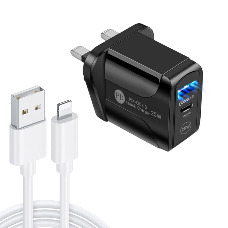 Chargeur rapide à double port PD25W USB-C / Type-C + QC3.0 USB avec câble de données USB vers 8 broches, prise UK, prise UK + câble USB vers 8 broches